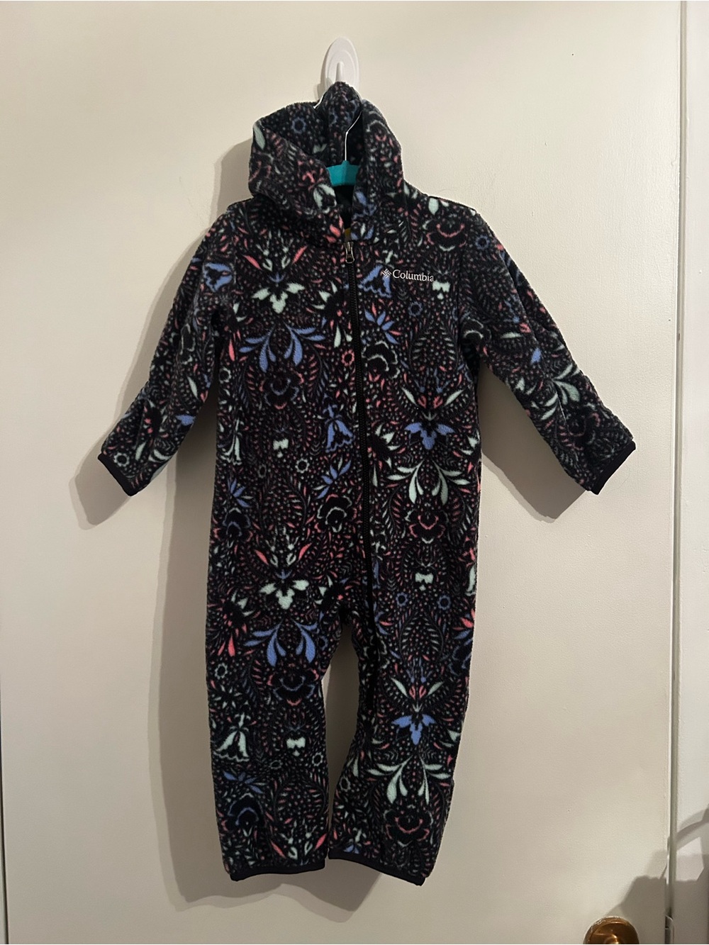 Columbia Black Floral Hooded Fleece One-Piece with Blue and Pink Accents